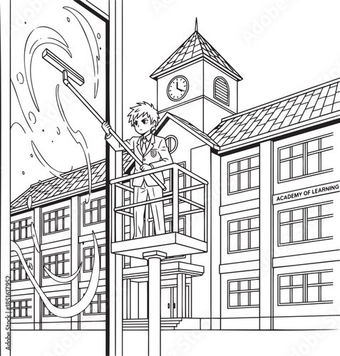 Boy cleaning school building window with squeegee and bucket