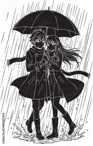 Couple sharing an umbrella on a rainy day together happily