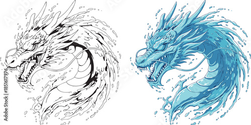 Fierce blue dragon emerging from water with sharp teeth and claws