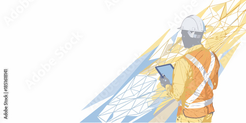 Construction worker with reflective vest examining plans modern abstract background