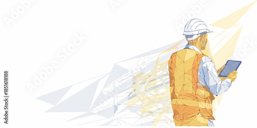 Construction worker using digital tablet with abstract geometric design background