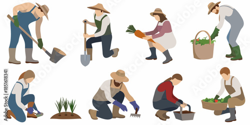 Diverse group of people gardening and harvesting fresh produce outdoors