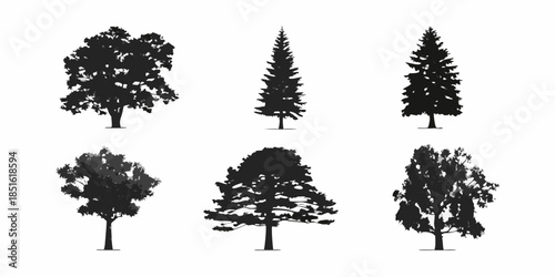 A collection of different tree silhouettes in black and white