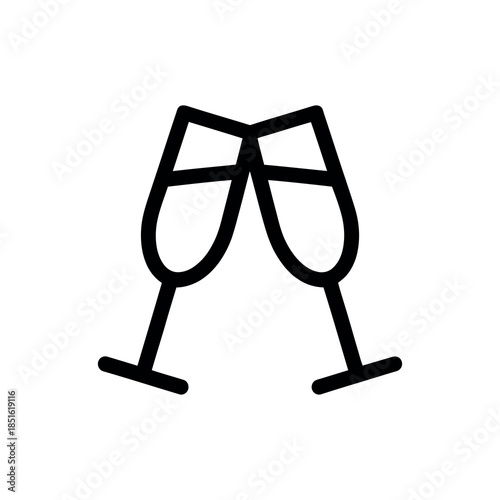 A simple black and white illustration of two clinking champagne glasses