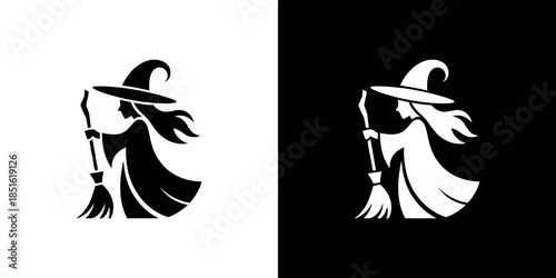 A silhouette of a witch on a broom shown in both black and white versions