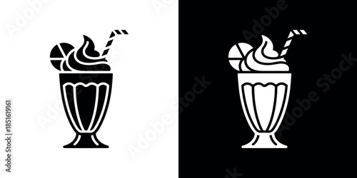 Black and white illustration of a milkshake with a fruit garnish and straw