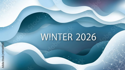 Winter 2026 abstract background with wavy lines and snowflakes