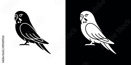 A minimalist depiction of a budgerigar in both black and white variations