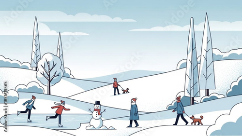 Winter scene with people ice skating, walking dogs, and enjoying snowman on snowy hill