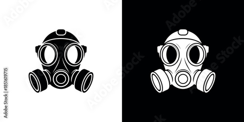 Black and white depictions of a gas mask contrasting against different backgrounds