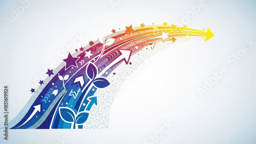 Colorful abstract growth illustration with arrows and stars in a gradient rainbow effect