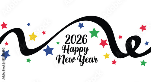 Festive new year graphic featuring the year 2026 colorful stars and a sweeping black ribbon