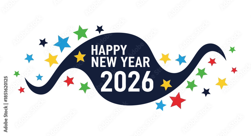 Obraz premium A vibrant new year 2026 celebration graphic featuring colorful stars and a dynamic design