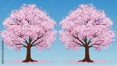 Two beautiful pink cherry blossom trees against a clear blue sky background with fallen petals