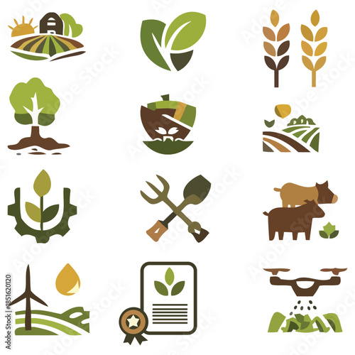 Agriculture and smart farming icon set. Vector flat symbols of organic crops, livestock, drones, and sustainable gardening tools for modern agribusiness branding
