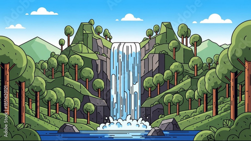 Serene waterfall landscape with lush green trees and rocky cliffs