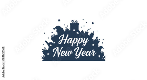 Festive new year illustration featuring a silhouetted cityscape and celebratory typography