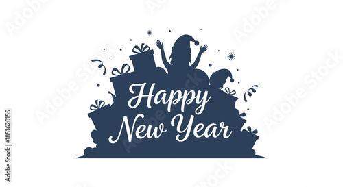 A festive new year celebration illustration featuring silhouettes of people and celebratory confetti