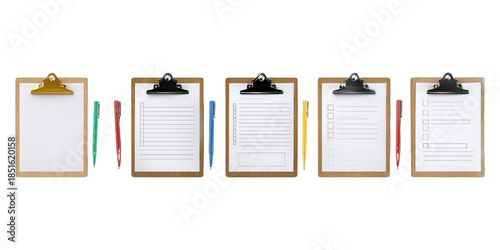 Set of a medical clipboard on table concept. Various clipboards with blank and filled pages for organization.