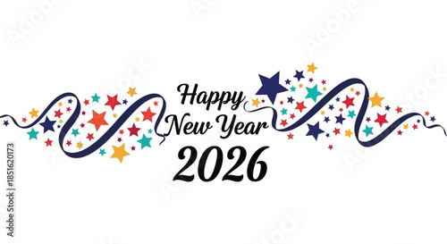 Colorful new year celebration banner with swirling ribbons stars and a festive happy new year 2026 message
