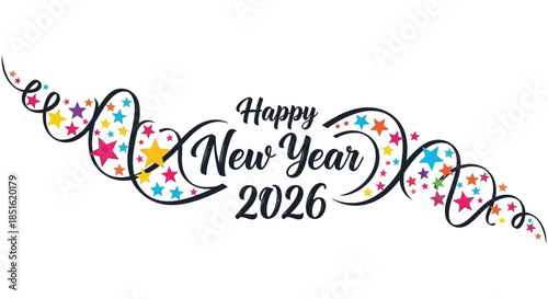 Colorful celebratory design features the text happy new year 2026 with festive ribbons and stars