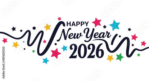 Festive new year 2026 celebration with colorful stars swirls and handwritten typography design