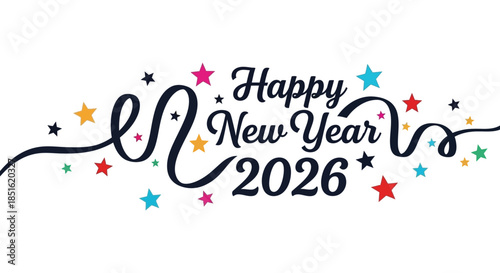 Festive new year design featuring calligraphy stars and the year two thousand twenty six