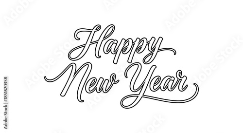 Elegant black and white calligraphy design displaying the phrase happy new year for celebrations