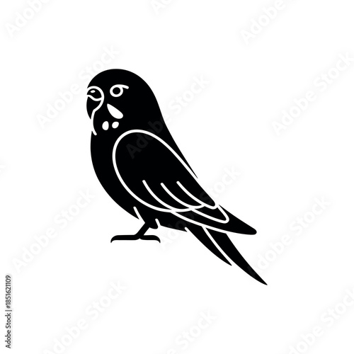 A simple black silhouette of a small bird possibly a parakeet or budgerigar