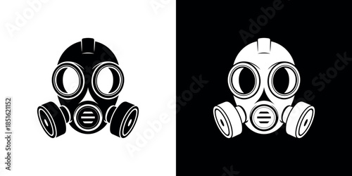 A striking black and white illustration of a vintage gas mask design