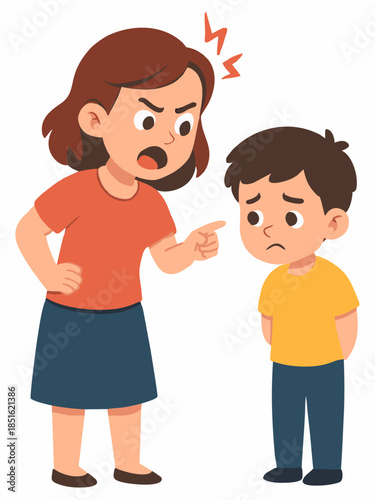 Cartoon illustration of an angry mother scolding her child.