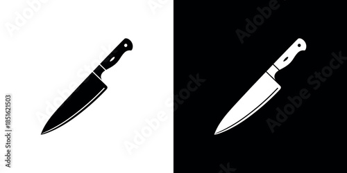 Black and white depiction of a kitchen knife in contrasting color schemes