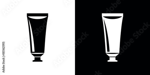 Black and white illustration of two cosmetic tubes on contrasting backgrounds