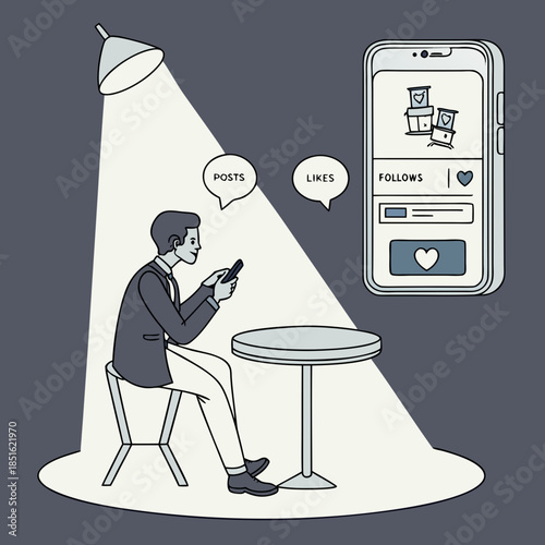 Man using smartphone in spotlight social media addiction concept.