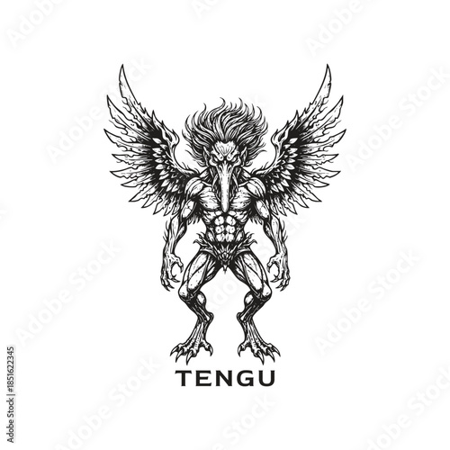 Fierce vintage etching of a Japanese Tengu crow demon with powerful wings, muscular physique, and sharp talons in a formidable stance.