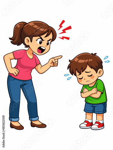 Cartoon illustration of an angry mother scolding her child.