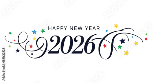 Festive new year graphic with swirling flourishes colorful stars and the year two thousand twenty six
