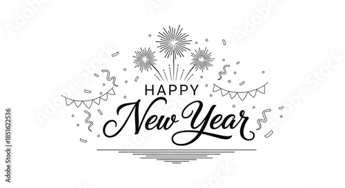 A festive new year illustration featuring fireworks calligraphy and celebratory pennant banners