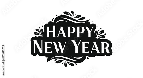 Elegant black and white graphic design featuring the words happy new year with floral accents