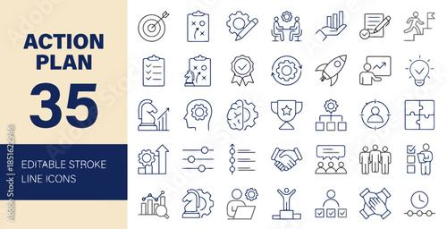 Action plan editable stroke line icons set for business strategy