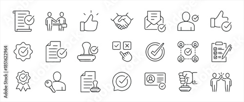 Approval Verification Line Icons Set for Document Check Mark Stamp Handshake
