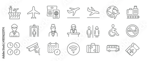 Airport and Aviation Line Icon Set for Transportation