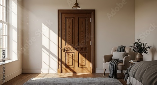 Elegant interior design with antique wooden door and sunlit atmosphere