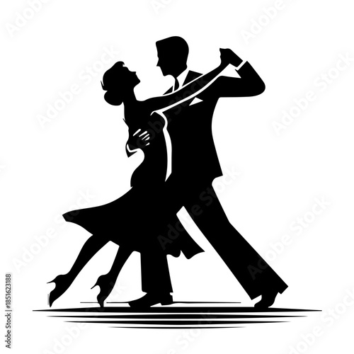  Black & white vector silhouette of a classic couple dance on white background