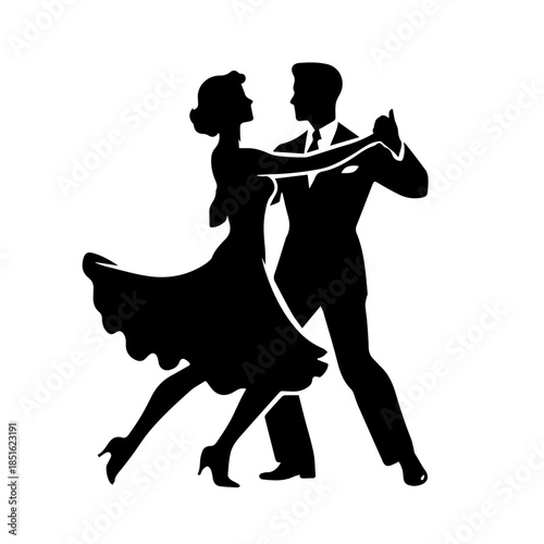  Black & white vector silhouette of a classic couple dance on white background