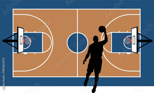 Dynamic Basketball Silhouette Player Leaping for a Slam Dunk on Court
