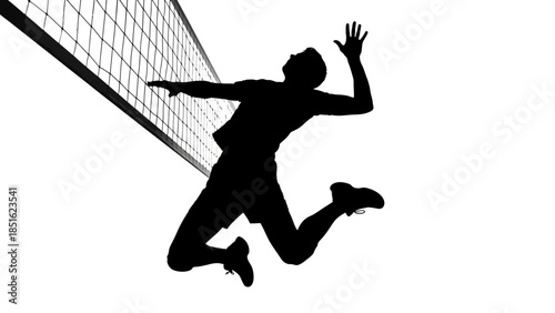 Dynamic Silhouette of a Volleyball Player Spiking the Ball Over the Net in a High Impact Action Shot