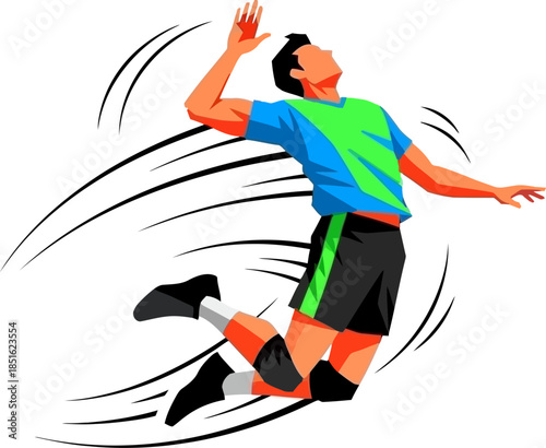 Dynamic Male Volleyball Player Leaping to Spike Ball with Intense Action Motion Lines