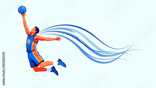 Dynamic Basketball Player Leaping for a Slam Dunk with Blue Energy Trails Illustrating Athleticism and Power
