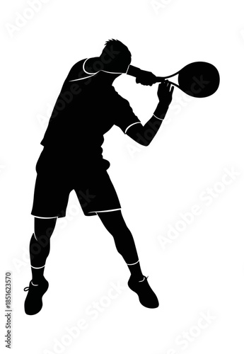 Dynamic Silhouette of a Tennis Player Executing a Powerful Serve in a Black and White Graphic